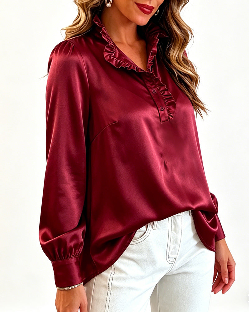 Women's Satin Frill Hem Blouse Long Sleeve Half Button Shirt Elegant Stand Collar Office Work Top - Image 4