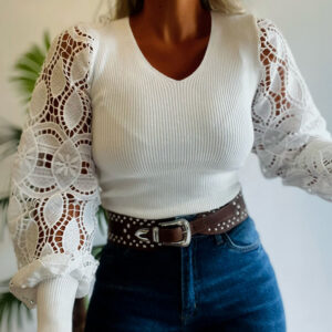 Women's V Neck Knit Top Lace Lantern Long Sleeve Pullover Ribbed Slim Fit Casual Sweater