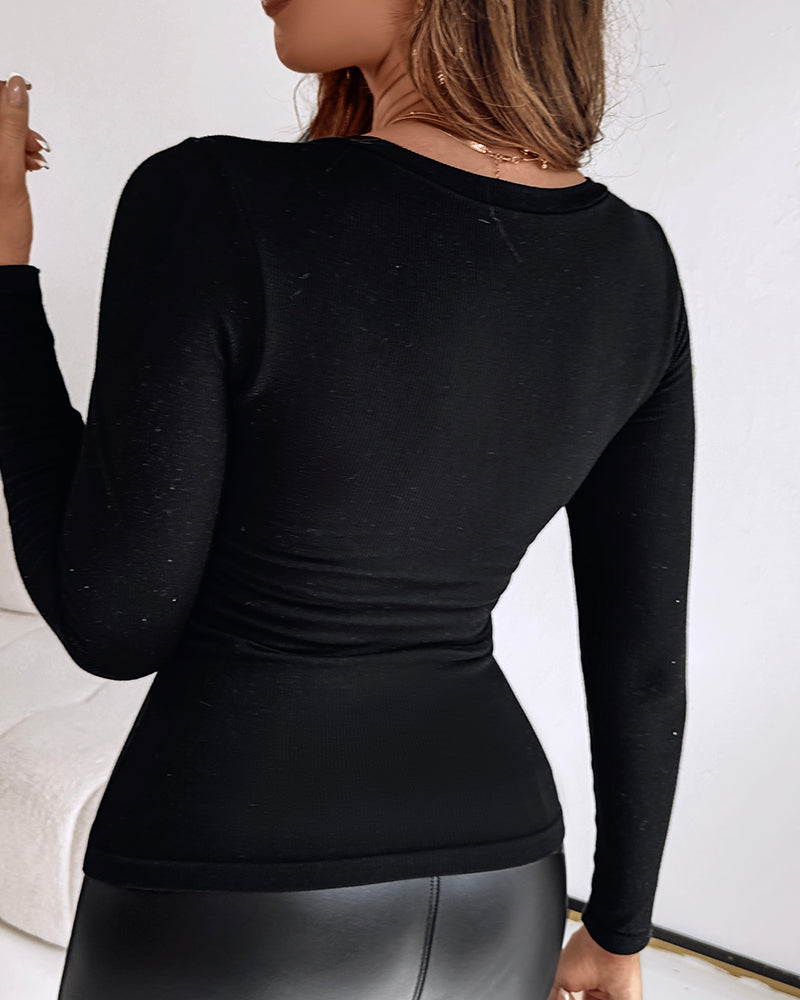 Built In Bra U Neck Tee High Stretchy Knit T-Shirt Long Sleeve Top - Image 19