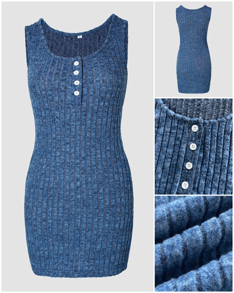 2 Pieces Outfit U-Neck Thick Strap Button Front Slim Fit Ribbed Knit Dress and Casual Long Sleeve Pockets Design Open Front Cardigan Coat Set - Image 12