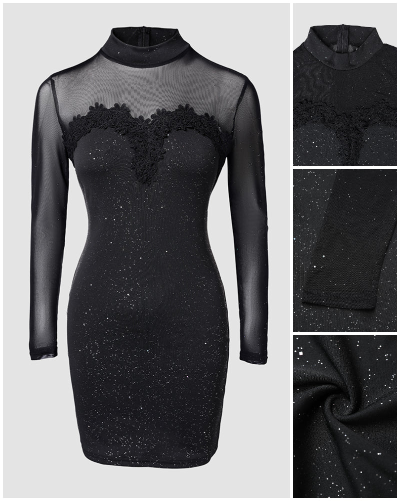 Glitter Long Sleeve Mock Neck Sheer Mesh Patch Bodycon Dress Night Out Party Mini Dress - Image 4