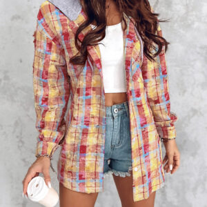 Colorblock Plaid Print Hooded Distressed Button Front Coat Shacket