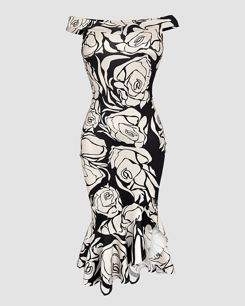 Floral Print Off Shoulder Ruffle Hem Slit Dress Slim Fit Party Dress - Image 4