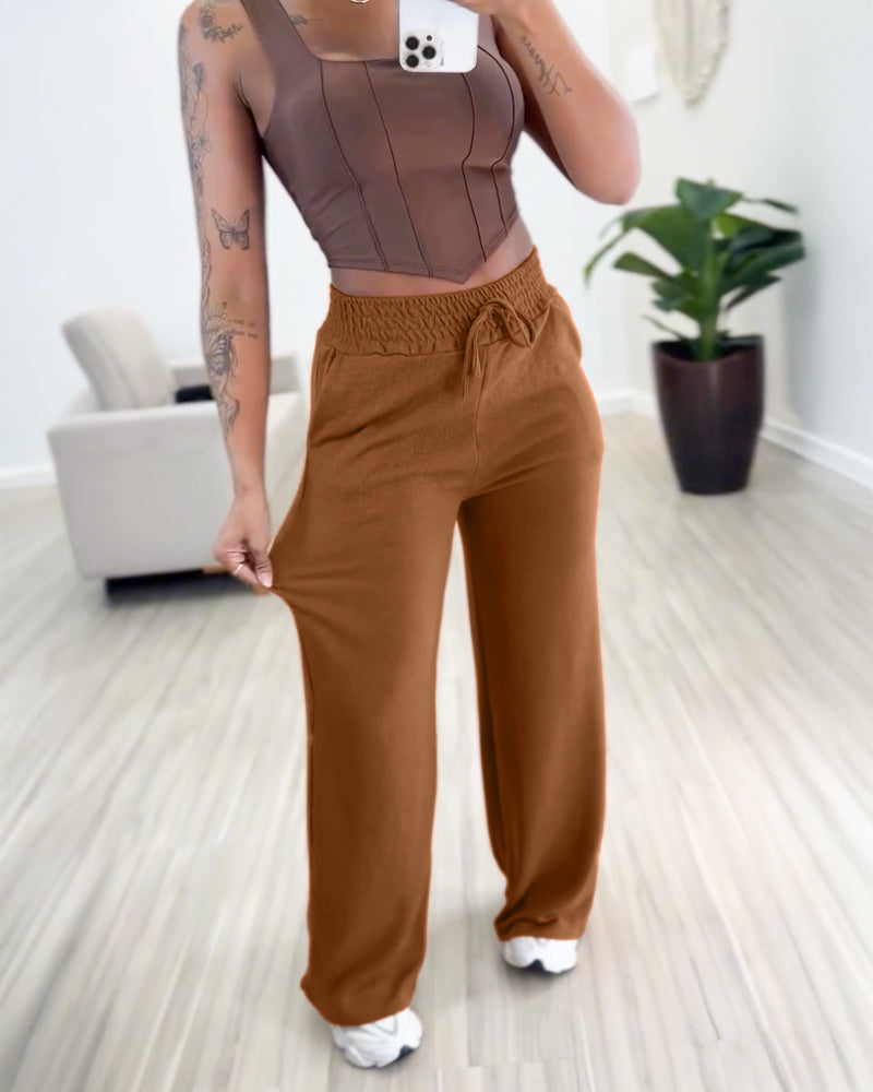 High Waist Drawstring Elastic Waist Wide Leg Casual Pants - Image 4