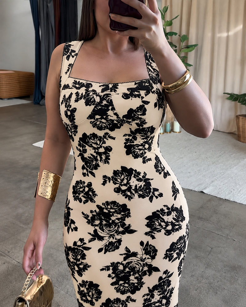 Women's Vintage Flocking Rose Midi Dress Square Neck Sleeveless Bodycon Dress Elegant Club Party Gown - Image 7