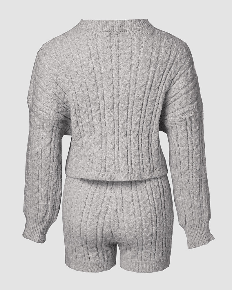 2 Piece Crewneck Long Sleeve Cable Knit Crop Sweater High Waist Shorts Tracksuits Outfits - Image 8