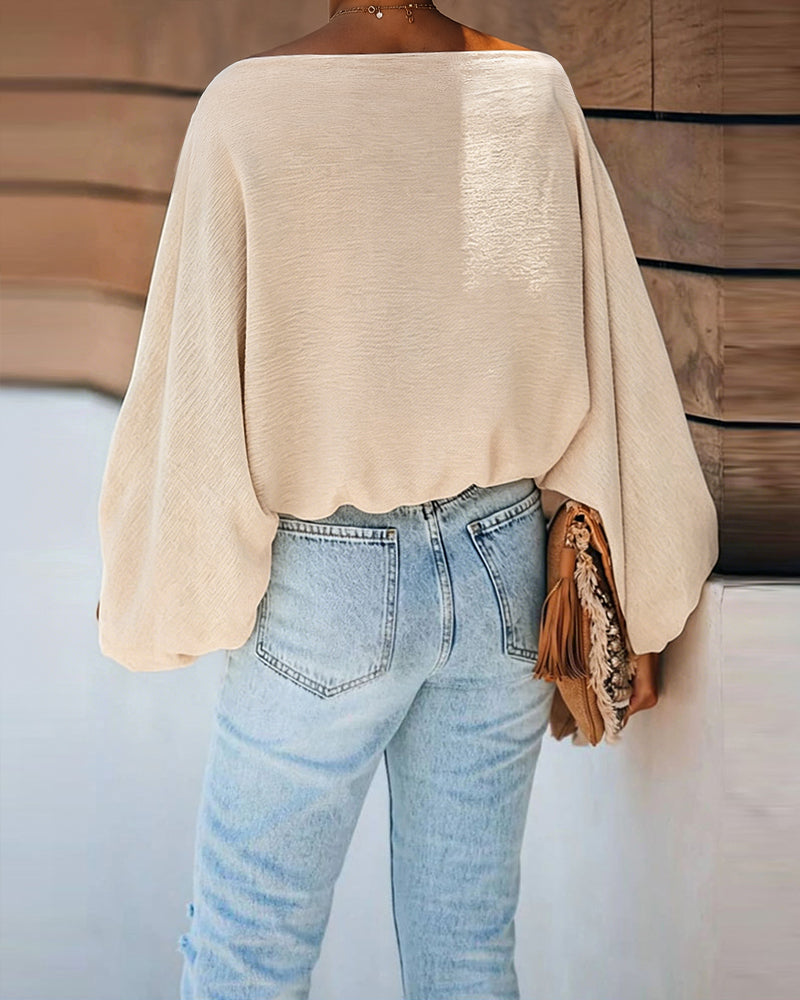 Women's French Style Off Shoulder Blouse Elegant Lantern Sleeve Top Versatile Skew Neck Textured Shirt - Image 2