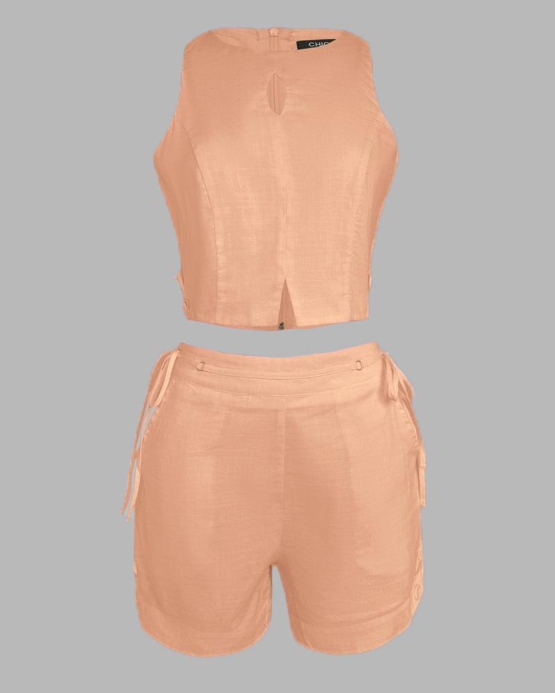 2 Pieces Outfit Button Decor Sleeveless Hollow-out Front Zipper Back Crop Top and Casual Elastic Back Waist Tie Side Shorts Set - Image 17