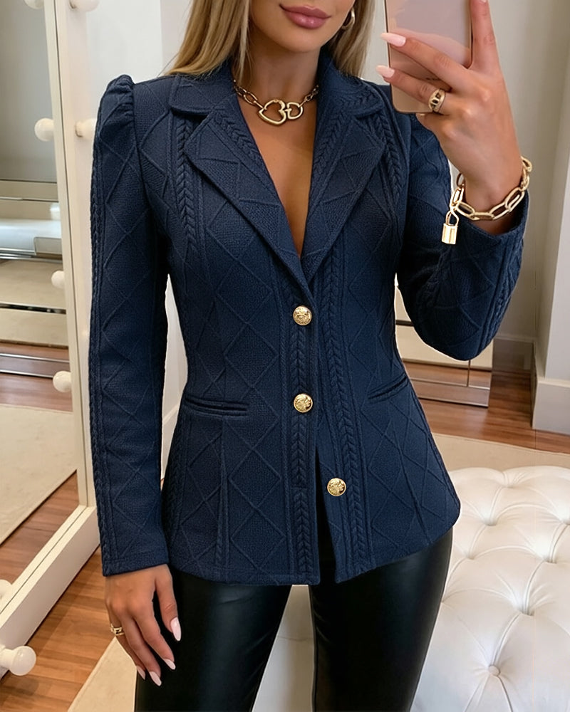 Women's Elegant Argyle Textured Blazer Slim Fit Puff Sleeve Suit Jacket Gold Button Work Office Commuter Blazer with Pockets - Image 8