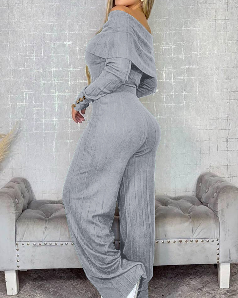 2 Pieces Outfit Button Decor Foldover Off Shoulder Slim Fit Top and Elastic Waist Wide Leg Pants Set Casual Ribbed Set - Image 2