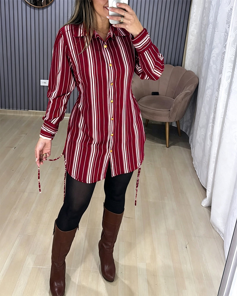 Women's Striped Shirt Dress Button Down Long Sleeve Shirred Waist Casual Dress - Image 21