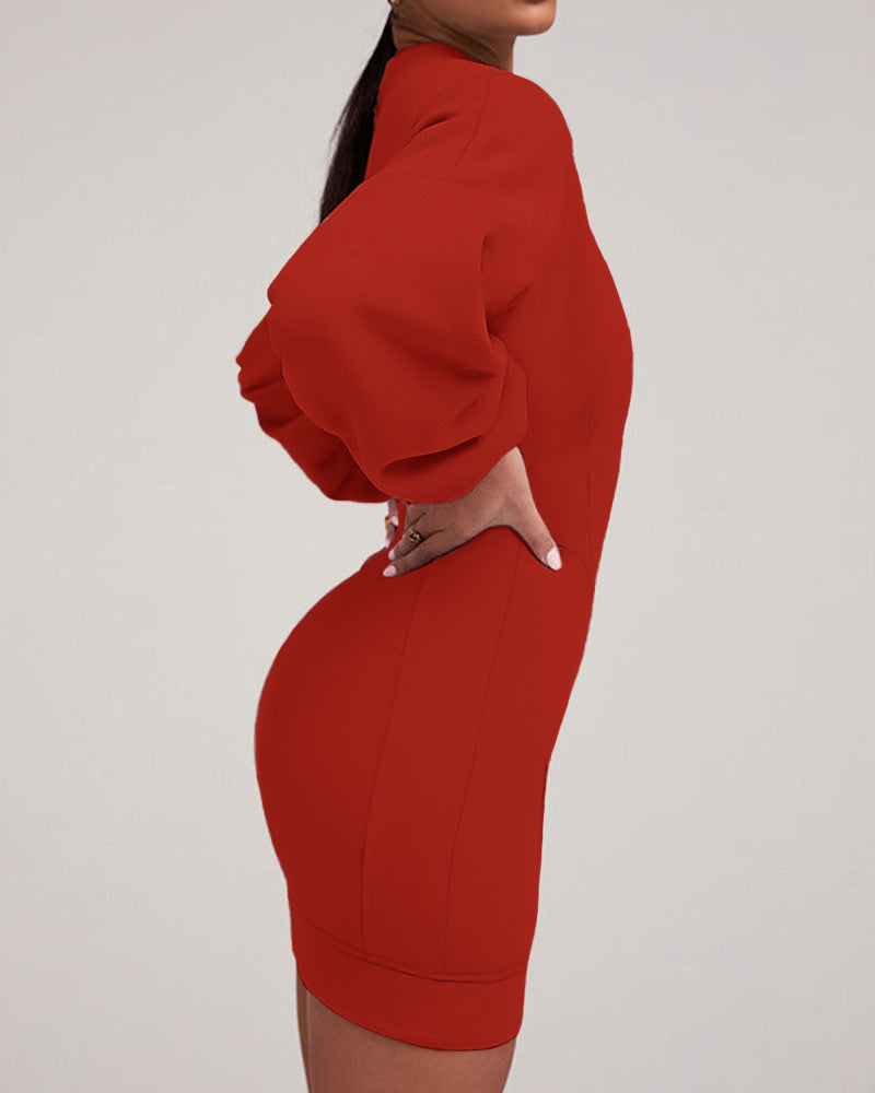 Lantern Sleeve Bodycon Pullover Sweatshirt Dress Crew Neck Mini Dress - Image 11