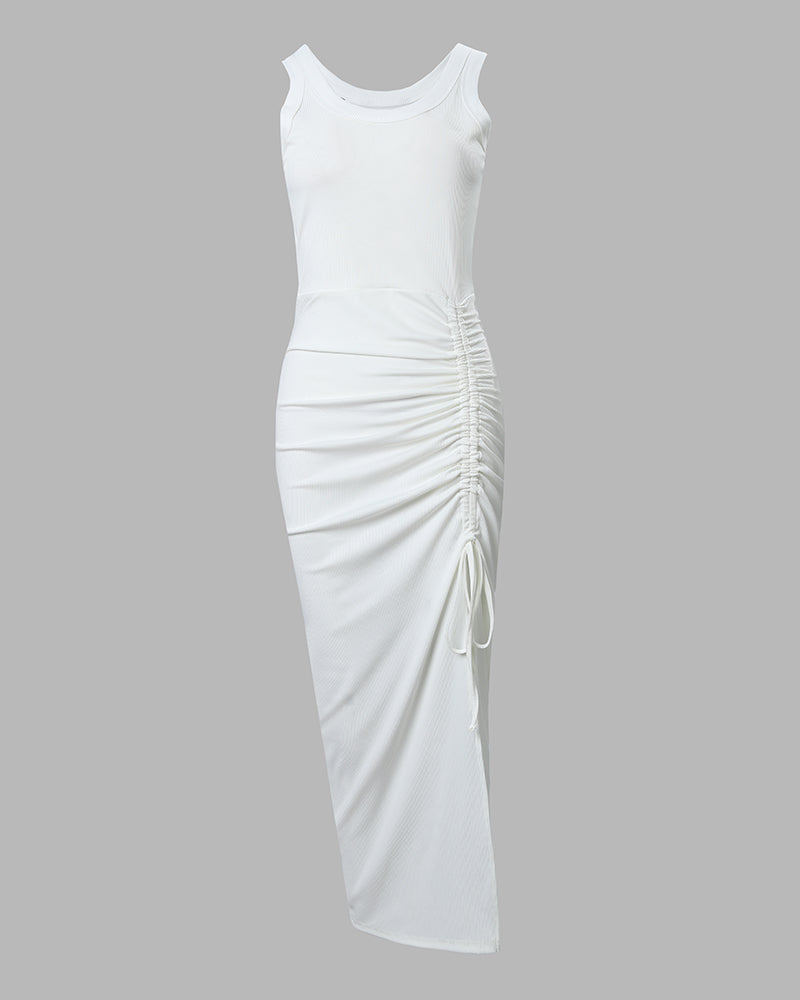 Side Slit Drawstring Ruched Bodycon Casual Sun Maxi Dresses Sleeveless Ribbed Tank Dress - Image 6