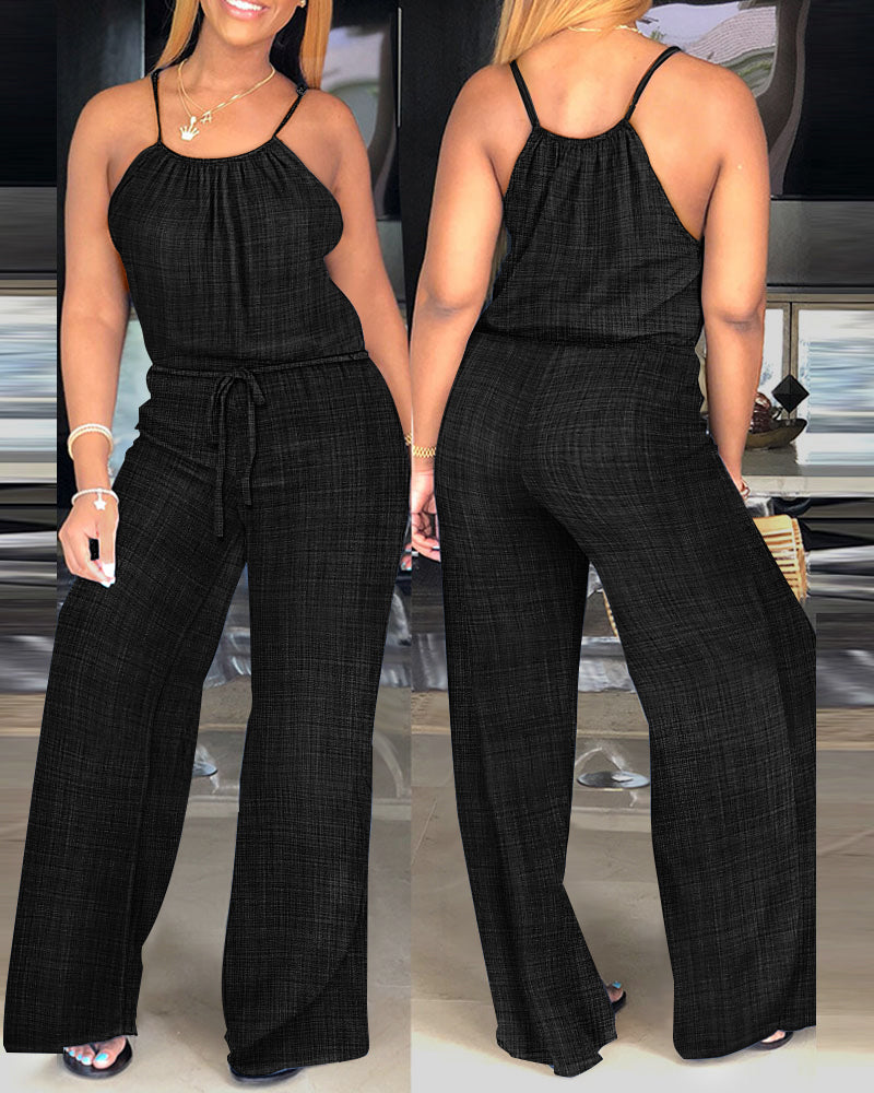 Womens Spaghetti Strap Drawstring Tied Waist Jumpsuit Casual Overalls - Image 7
