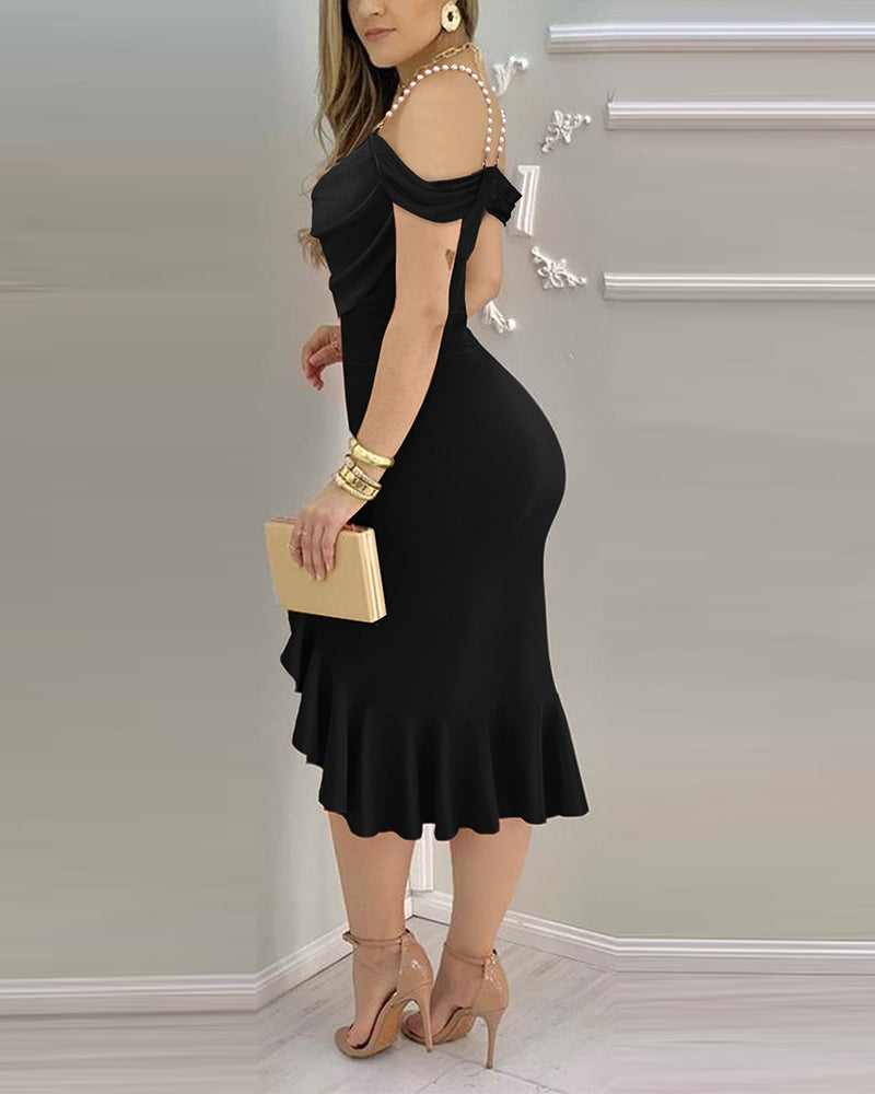 Women's Cold Shoulder Adjustable Pearls Straps Bodycon Dress Cowl Neck Asymmetrical Ruffle Hem Party Dress - Image 15