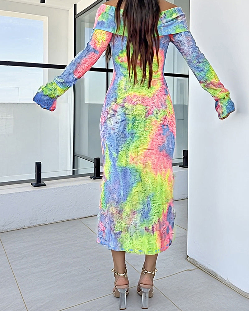 Tie Dye Print Foldover Off Shoulder Long Sleeve Textured Bodycon Dress Casual Ripped Detail High Strech Vacation Dress - Image 2