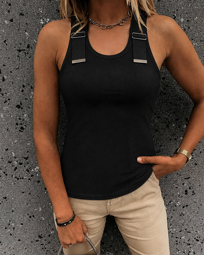 Women's Ribbed Knit Tank Top Adjustable Buckle Strap Side Ruched Knit Top Curved Hem Slim Fit Vest - Image 6