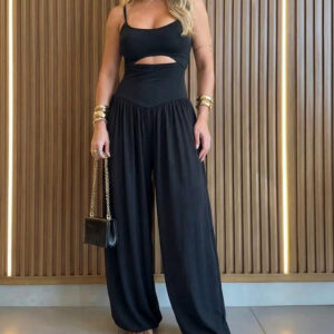 CHICME Women's Cut-out Waist Cami Jumpsuit Backless Tie-Back Lantern Romper Ruched High Waist Summer Jumpsuit