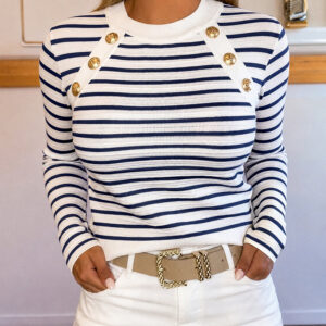Women's Striped Crew Neck Knit Top Causal Gold Button Detail Long Sleeve Top