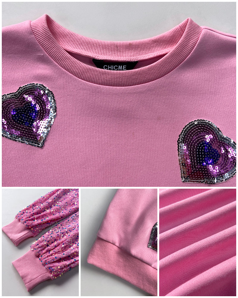 Heart Pattern Contrast Sequin O-Neck Long Sleeve Sweet Pullover Top - Image 4