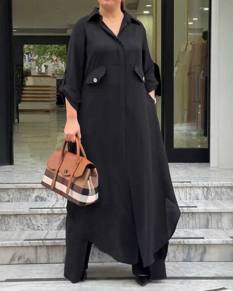 2 Pieces Outfit Turn-down Collar Turn-Up Sleeves Button Front Asymmetrical Hem Longline Blouse and Casual Elastic Waist Wide Leg Pants Set - Image 13