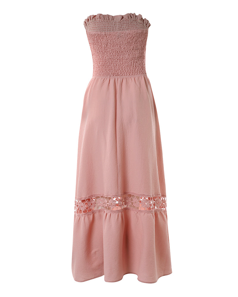 Women's Strapless Shirred Maxi Dress Lace Splice Tied Detail Frill Trim Sundress with Detachable Clear Straps - Image 7
