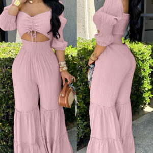 Sweetheart Neck Puff Sleeve Drawstring Front Shirred Overalls Casual Cutout Front Ruffle Hem Wide Leg Jumpsuit
