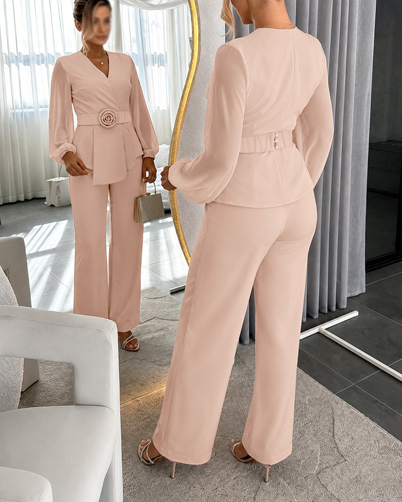 Women's 2 Piece Outfits Blazer Set Wrap V Neck Lantern Sleeve Top and High Waisted Straight Pants with Belt - Image 2
