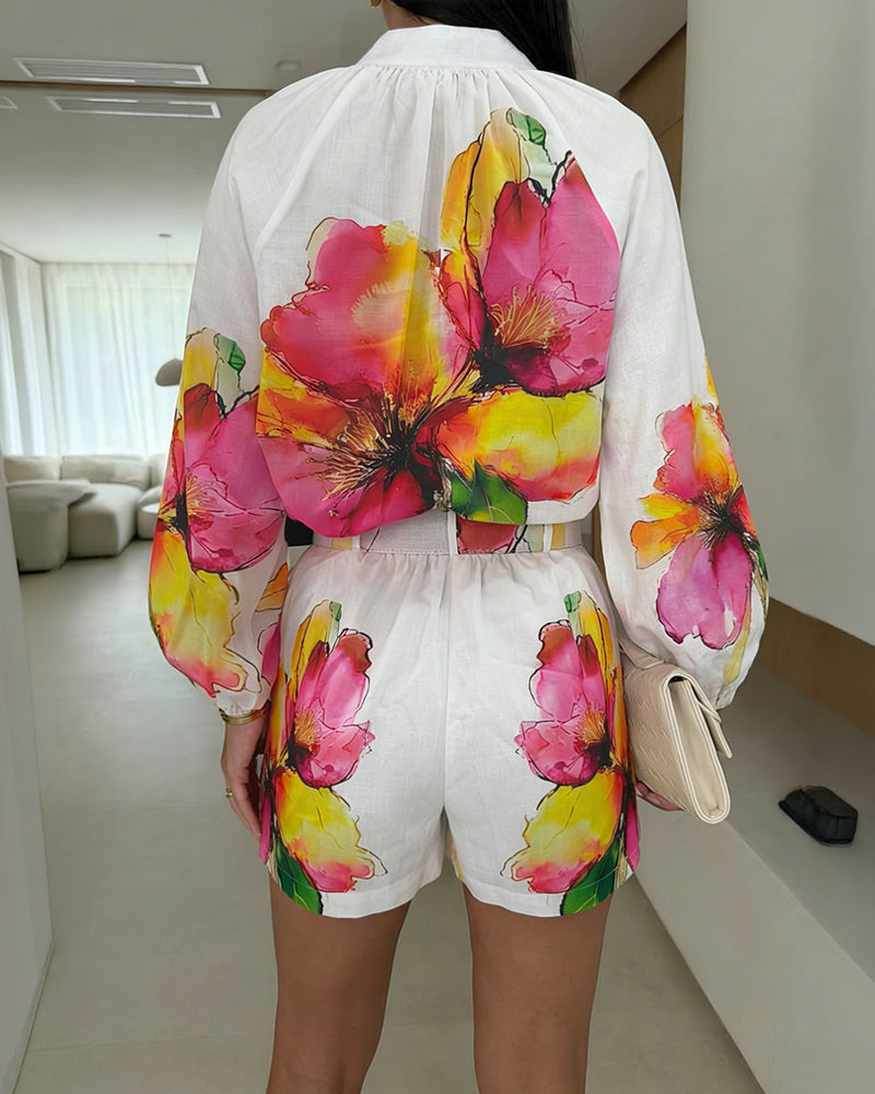2 Pieces Outfit Stand Collar Lantern Sleeve Button Front Top and High Waist Elastic Waist Shorts Set Casual Watercolor Floral Placement Print Set with Belt & Lining - Image 2