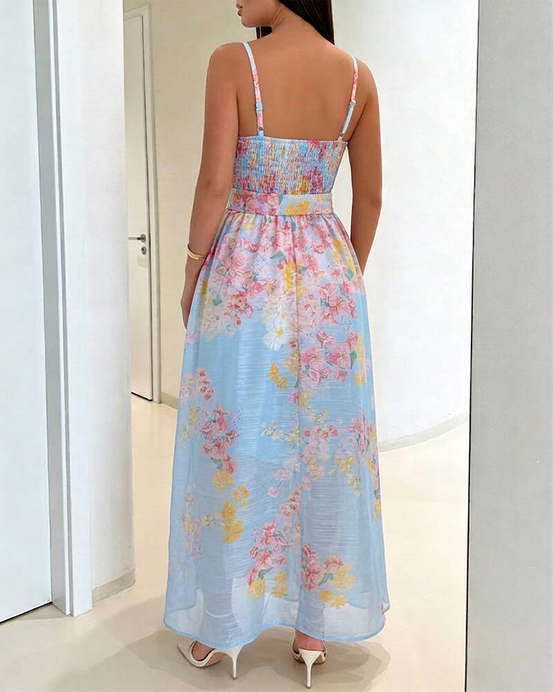 CHICME Women's Watercolor Floral Cami Dress Adjustable Straps High Waist A-Line Maxi Dress with Matching Belt - Image 2