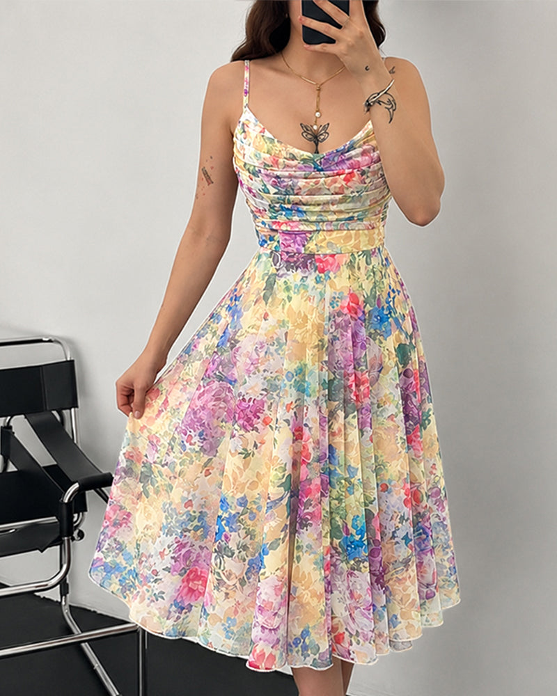 Women's Oil Painting Floral Mesh Midi Dress Sexy Cowl Neck Cami Dress High Waisted Ruched Backless A Line Sundress - Image 5