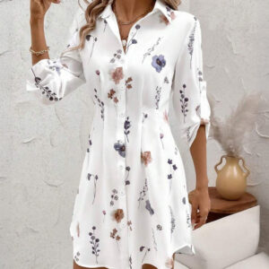 Watercolor Floral Print Turn-down Collar Turn-Up Sleeves Shirred Back Shirt Dress Casual Button Down Cinched Waist Asymmetrical Hem Vacation Dress