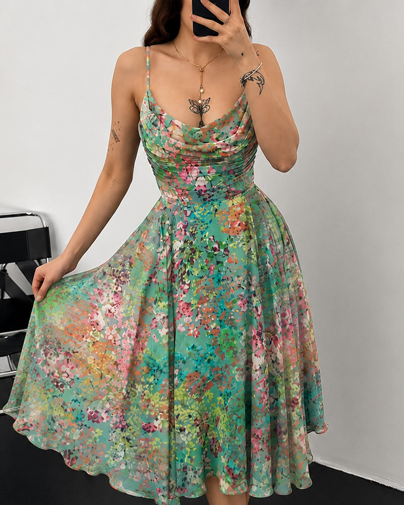 Women's Floral Mesh A Line Dress Cowl Neck Ruched Slip Dress Casual Backless Sundress - Image 4