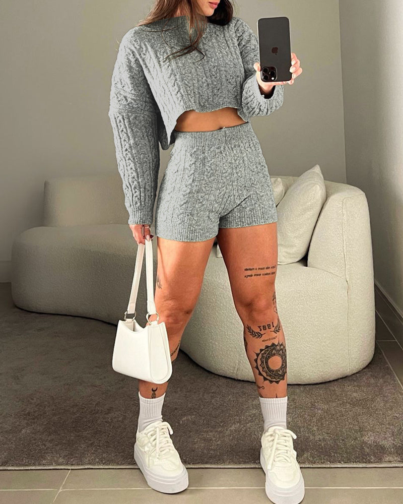 2 Piece Crewneck Long Sleeve Cable Knit Crop Sweater High Waist Shorts Tracksuits Outfits - Image 4