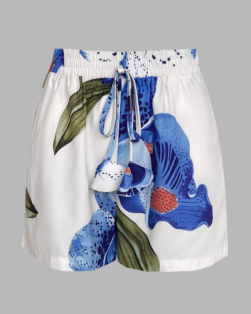 2 Pieces Outfit Floral Print Halter Slit Long Top and Casual Drawstring Shorts Set with Pockets - Image 6