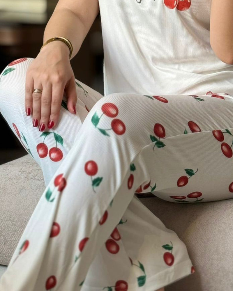 2 Pieces Outfit Letter & cherry Print Short Sleeve Frill Trim Top and Elastic Waist Pants Set Casual Ribbed Pajamas Set - Image 3