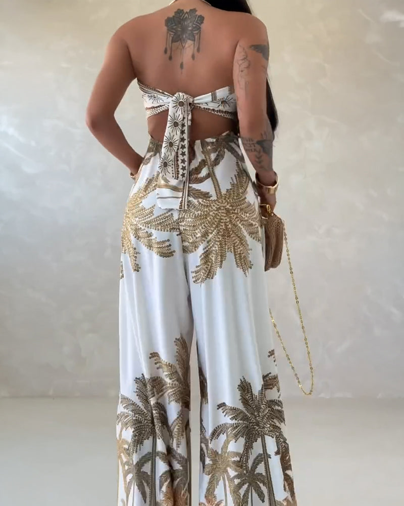 Palm Tree Print Bandeau Twist Front Backless Tie Back Overalls Casual Hollow-out Front Wide Leg Jumpsuit - Image 4