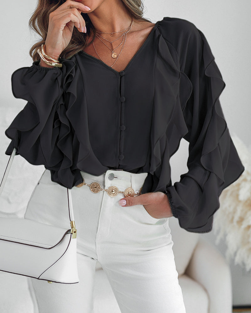 V Neck Shoulder Ruffles Design Blouse Casual Button Front Long Sleeve Top - Image 23