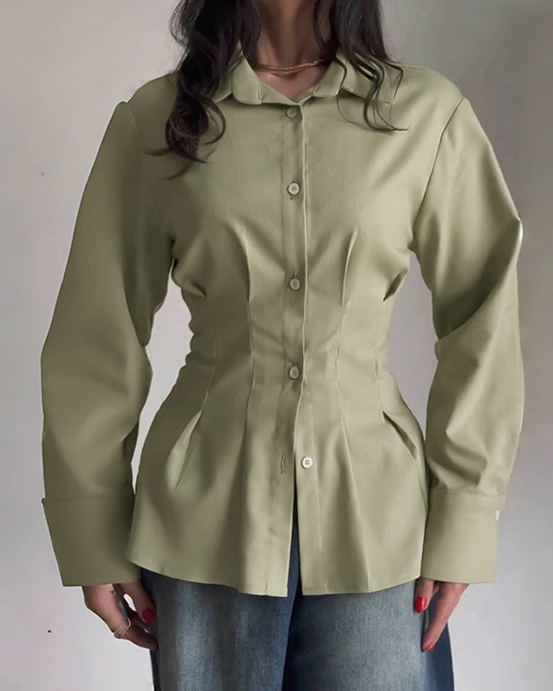 Turn-down Collar Long Sleeve Button Front Blouse Casual Back Criss Cross Tied Detail Fishtail Shirt - Image 5