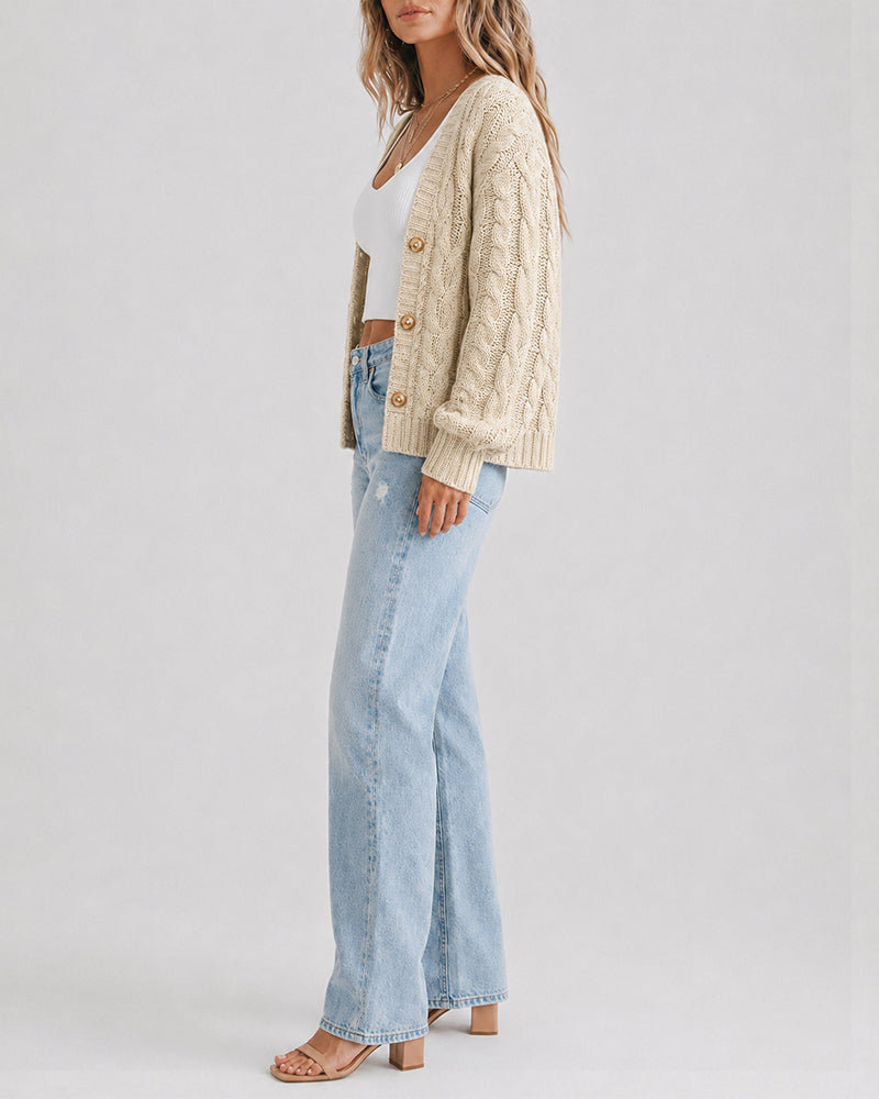 Women's Cable Knit Cardigan V Neck Button Down Chunky Knit Sweater Loose Lantern Sleeve Warm Outerwear - Image 4