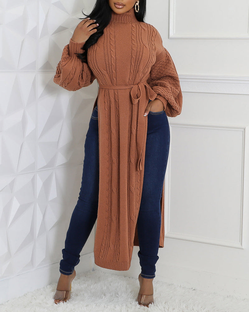 Cable Textured High Neck Lantern Sleeve Bow Tie Waist Sweater Casual High Slit Knit Longline Top - Image 5