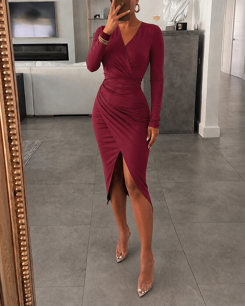 Women's Deep V Neck Long Sleeve Bodycon Dress Ruched Wrapped Slit Cocktail Dress - Image 6