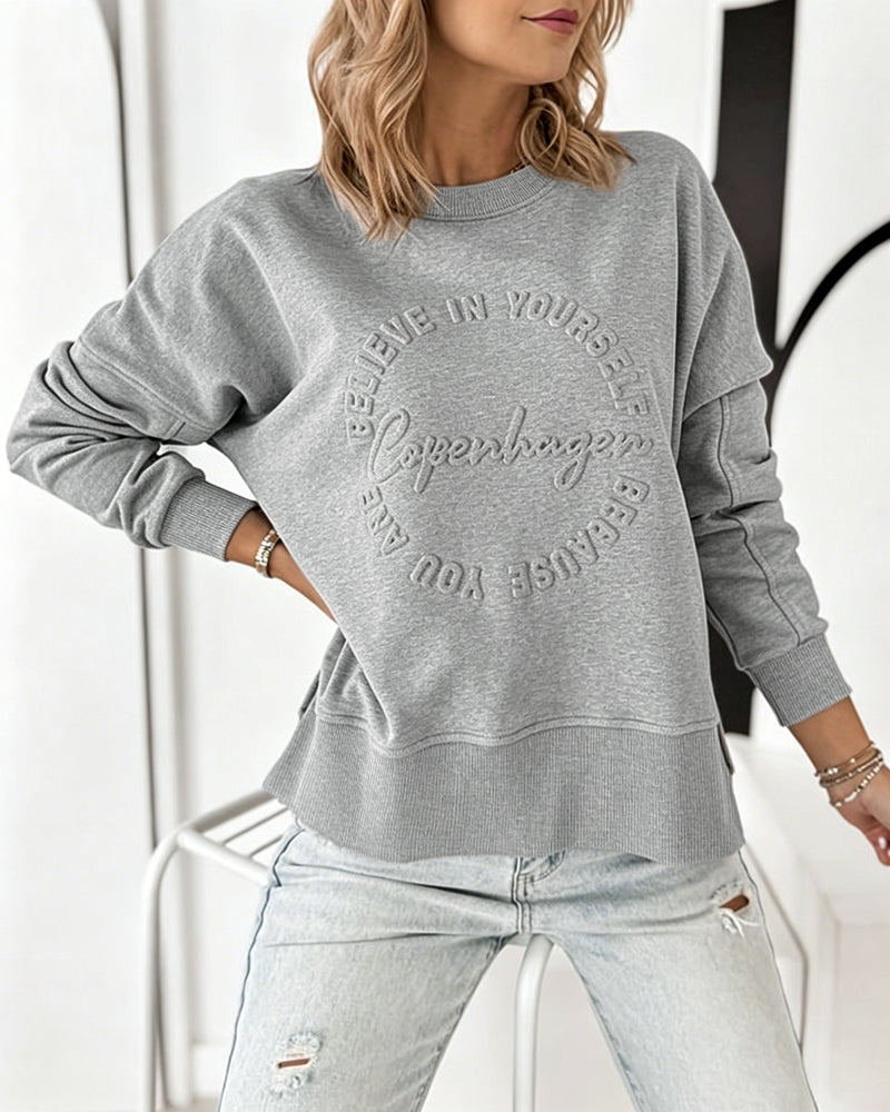 Women's Loose Crewneck Sweatshirt Embossed Letter Print Pullover Top Casual Side Slit Top - Image 29