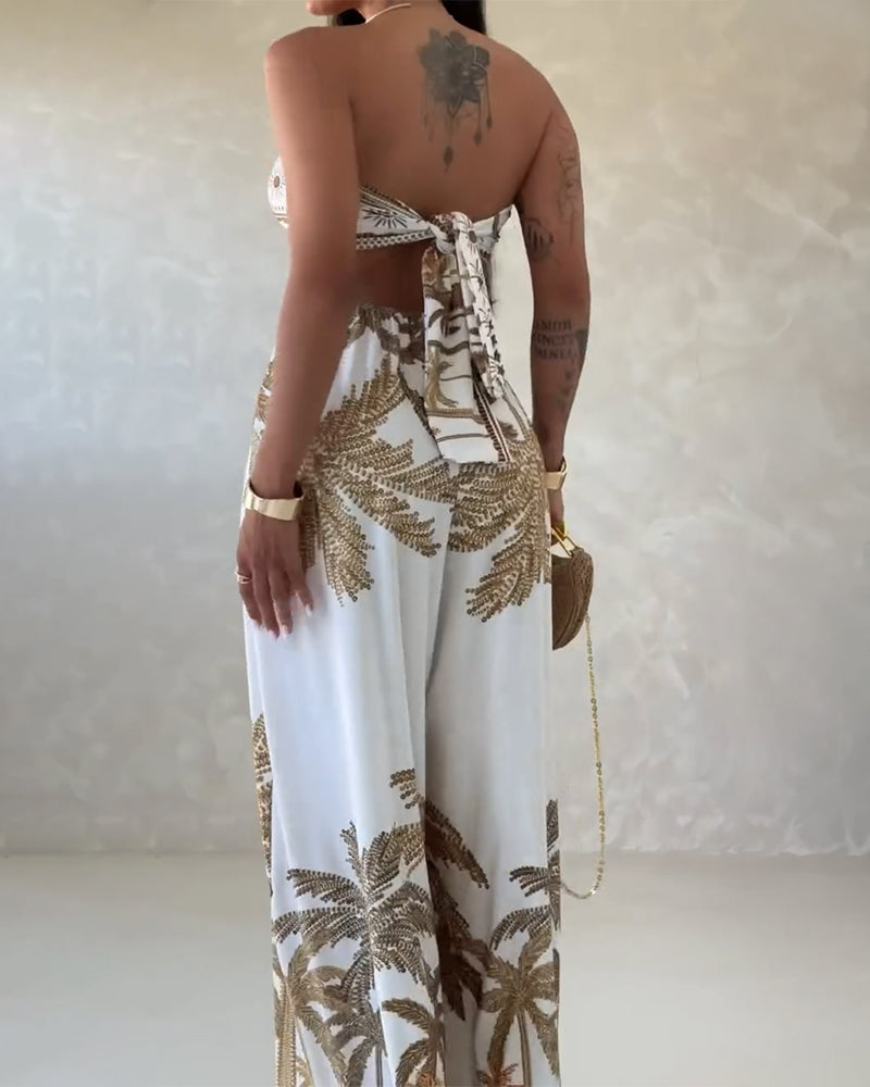 Palm Tree Print Bandeau Twist Front Backless Tie Back Overalls Casual Hollow-out Front Wide Leg Jumpsuit - Image 2
