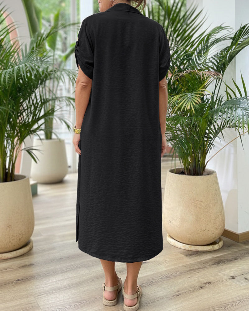 2 Pieces Outfit Turn-down Collar Roll Up Sleeve Button Front Side Slit Mid-length Shirt and Drawstring Elastic Waist Shorts Set Casual Textured Vacation Set - Image 6