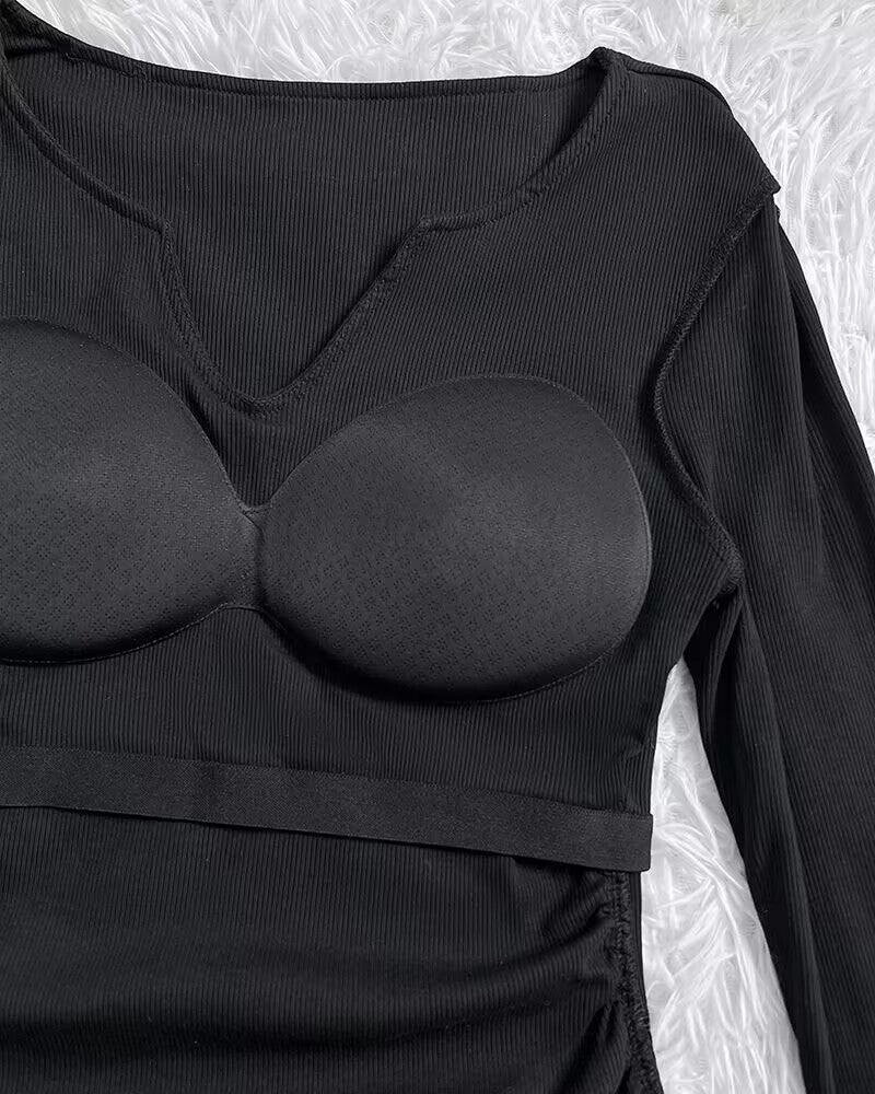 Chicme Built In Bra Notch Neck Long Sleeve Shirts Rib Knit Ruched Waist Top - Image 13