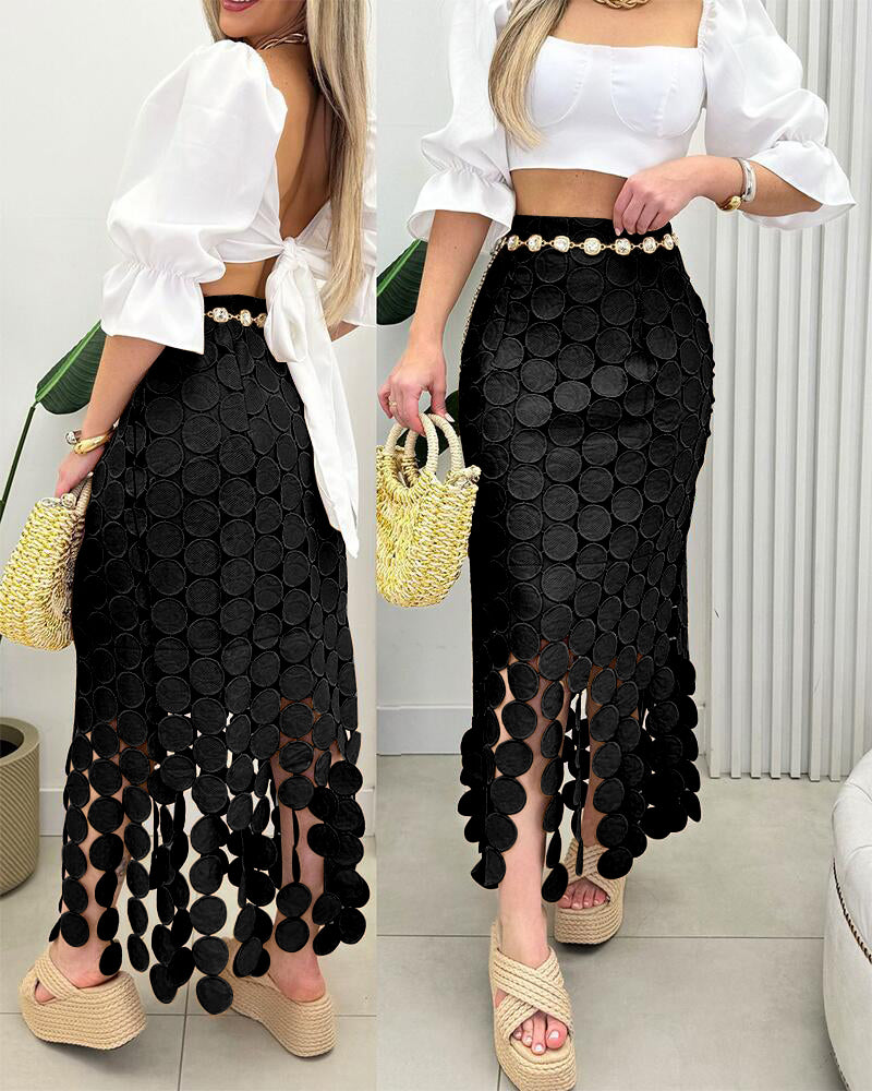 Women's Lace Tassel Trim Bodycon Skirt Hollow-Out Detail High Waist Pencil Skirt with Side Zipper - Image 6