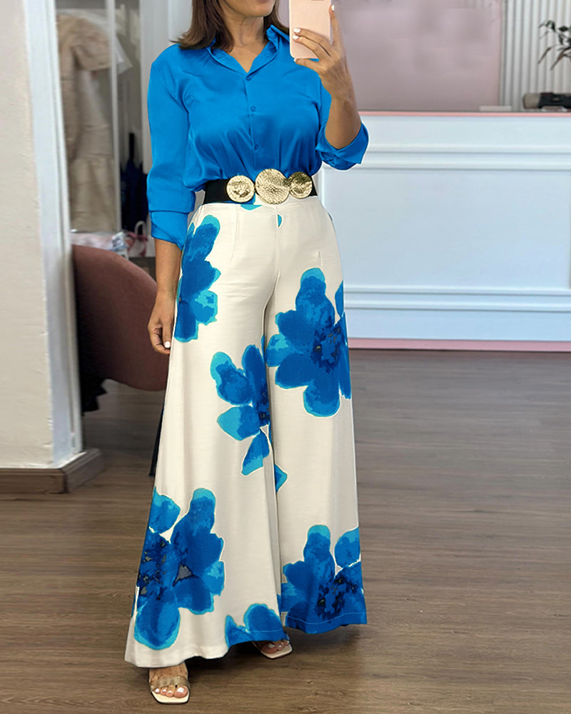 2 Pieces Outfit Long Sleeve Satin Blouse and Casual Floral Print High Waist Wide Leg Pants Set - Image 8