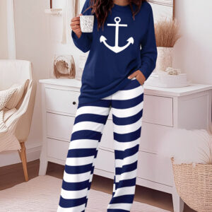 Women's 2 Piece Pajama Set Anchor Long Sleeve Top and Striped Wide Leg Pants Casual Lounge Set