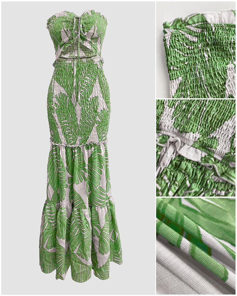 Tropical Print Halter Tie Shirred Frill Trim Cinched Waist Vacation Dress Ruched Cutout Front Slim Fit Ruffle Hem Mermaid Dress - Image 13